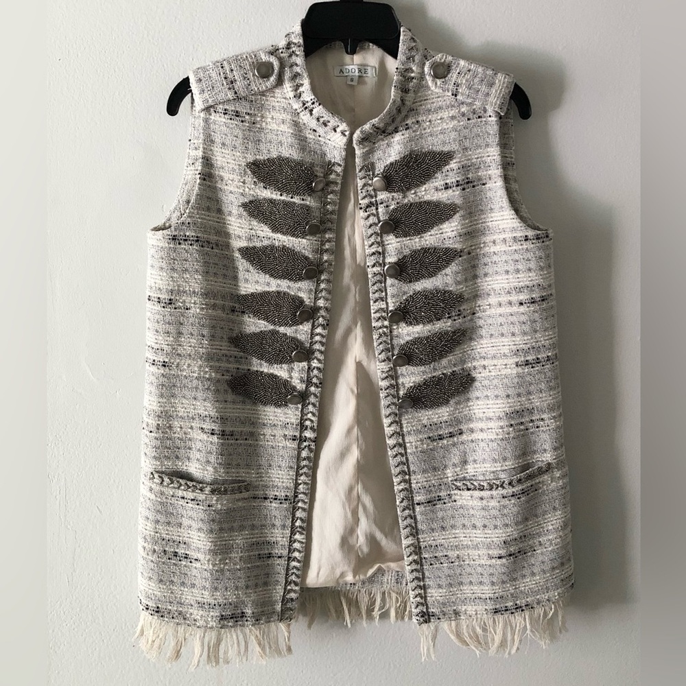 🔥Adore Beaded Sleeveless Fringe Tweed Vest Band Jacket Small